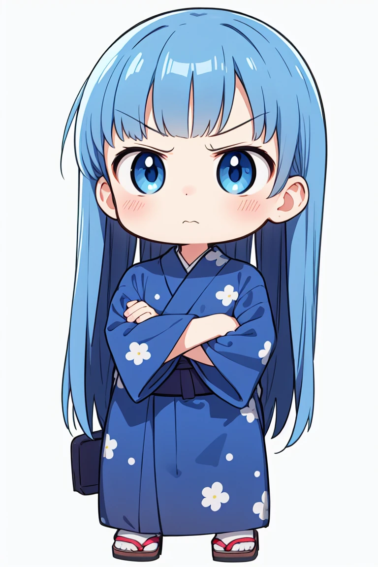chibi, flat color, solo, full body, cute, (highest quality), blue eye, gentian blue hair, long hair, annoyed, gentian blue yukata, crossed arms, white background, (masterpiece)