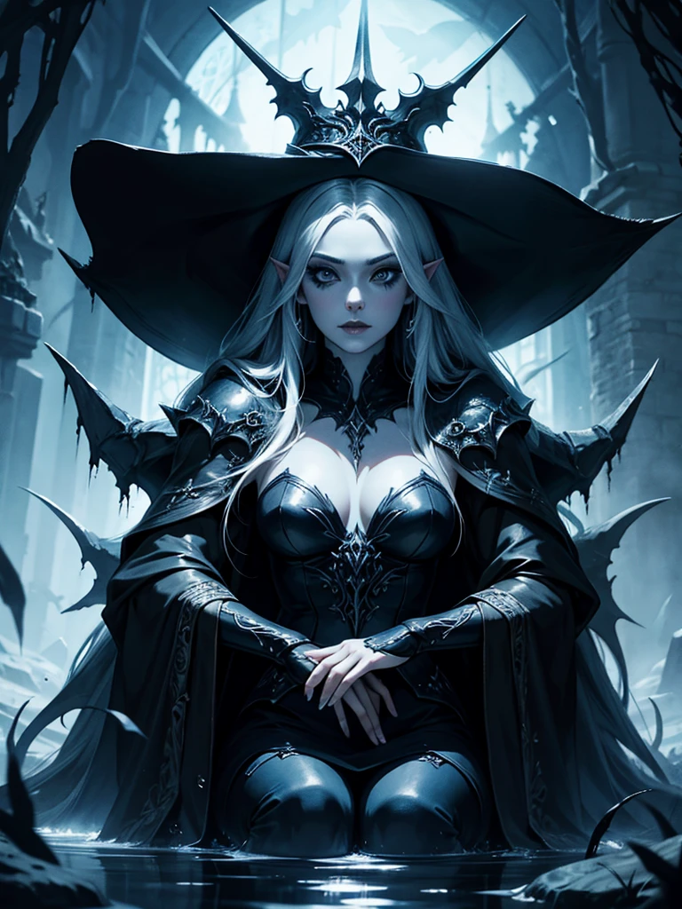 a close up of a person sitting in a body of water, beautiful ancient frost witch, in style of dark fantasy art, castlevania witch, dark fantasy art, dark fantasy style art, gothic fantasy art, beautiful dark elf countess, dark fantasy horror art, horror fantasy art, an ominous fantasy illustration, fantasy horror art, white witch, by Kamagurka