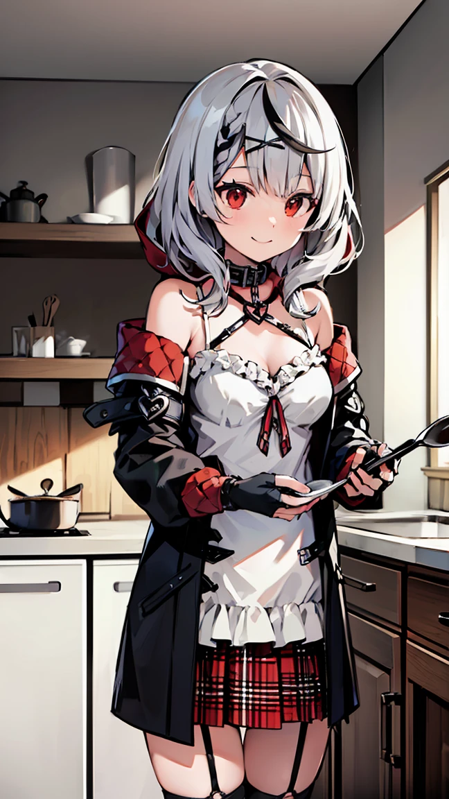 ((masterpiece, Highest quality, High resolution)), Depth of written boundary, 
break, One girl, standing behind the kitchen, ((cooking)), smile, 
break, (indoor, kitchen),    
break, (It should be Chloe, Garter Straps, Fingerless gloves, Torn knee socks, Grey Hair, Multicolored Hair, Checked skirt, chestの谷間, X Hair Ornament, Red Skirt, Black collar, White camisole, chest, Braiding, Black belt, Medium Hair, Black jacket, Wearing a hood, Plaid ribbon), ((Red eyes)), ((Beautiful attention to detail))