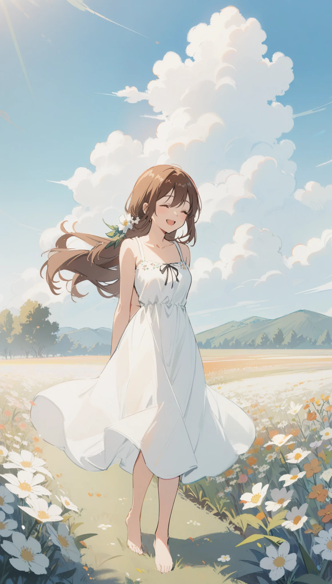 1girl,solo,long hair,smile,open mouth,brown hair,dress,closed eyes,flower,outdoors,sky,barefoot,day,cloud,white dress,arms behind back,sundress,field,