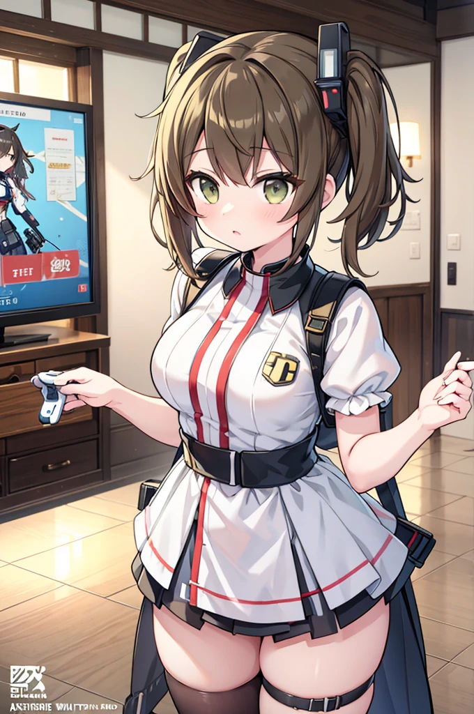 Anime girl holding Nintendo Wii game controller, short cut, Kantai Collection style, kawacy, Girls Frontline style, Makoto, Girls Frontline, anime cover, female protagonist 👀 :8, cute girl anime visual, Chihiro! Fujisaki, fine details. Girls Frontline, holding Nintendo Switch, from Girls Frontline, Makoto Mabana