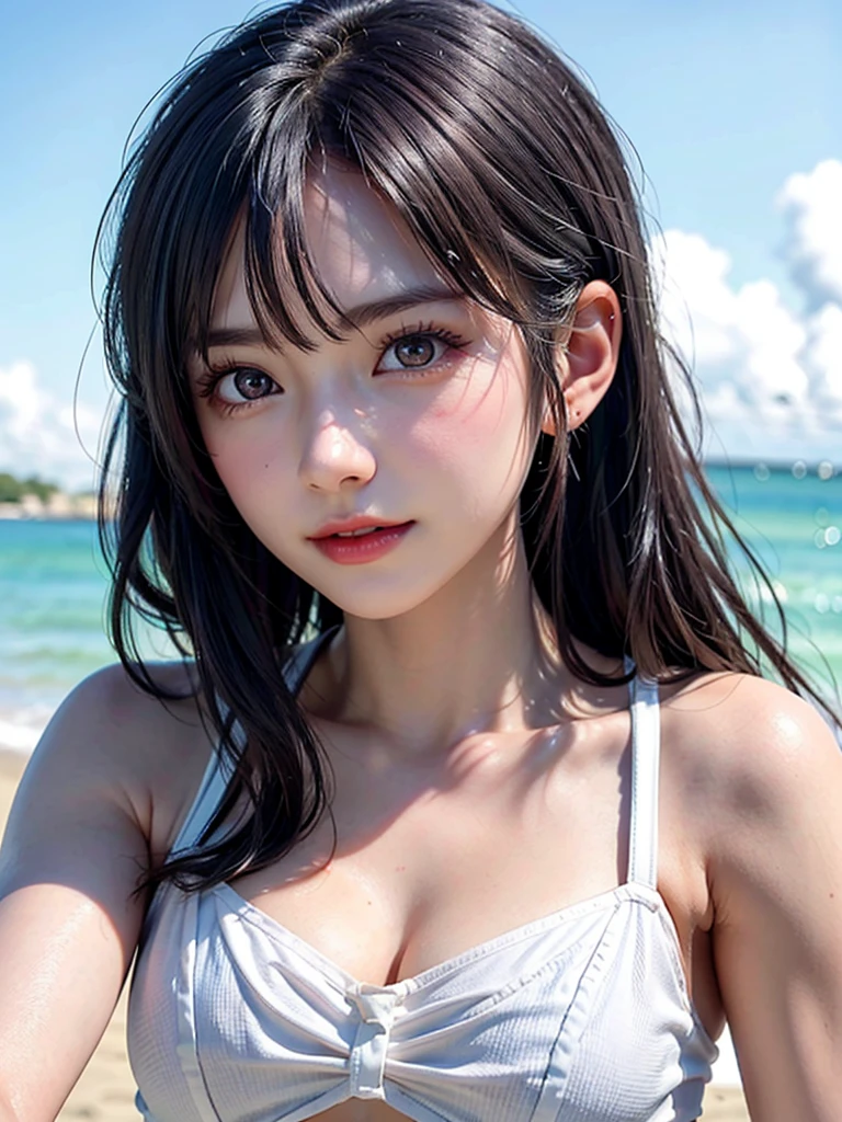 One Girl，(1人のとてもcute女の子:1.3)，masterpiece，Highest quality，High resolution，Photorealistic，RAW Photos，Ray Tracing，beautiful girl，(:1.3)，cute，Big eyes，(detailed pupils:1.2)，(The face is facing straight ahead:1.3)，Body facing forward，Beautiful nose，Fuller lips，Short black hair，ponytail，short hair，Detailed eyelashes，Thin eyebrows，Very fine grain definition，(Symmetrical eyes:1.3)，(Face close-up，Face Focus:1.0)，Small breasts，Short neck，White swimsuit，White Bikini，The background is the sea，Southern Island，Blue sky，White cloud，Portrait，View Viewer，Upper Body，Cinema Lighting，High resolution，Very detailed