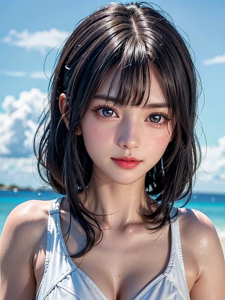 One Girl，(1人のとてもcute女の子:1.3)，masterpiece，Highest quality，High resolution，Photorealistic，RAW Photos，Ray Tracing，beautiful girl，(:1.3)，cute，Big eyes，(detailed pupils:1.2)，(The face is facing straight ahead:1.3)，Body facing forward，Beautiful nose，Fuller lips，Short black hair，ponytail，short hair，Detailed eyelashes，Thin eyebrows，Very fine grain definition，(Symmetrical eyes:1.3)，(Face close-up，Face Focus:1.0)，Small breasts，Short neck，White swimsuit，White Bikini，The background is the sea，Southern Island，Blue sky，White cloud，Portrait，View Viewer，Upper Body，Cinema Lighting，High resolution，Very detailed