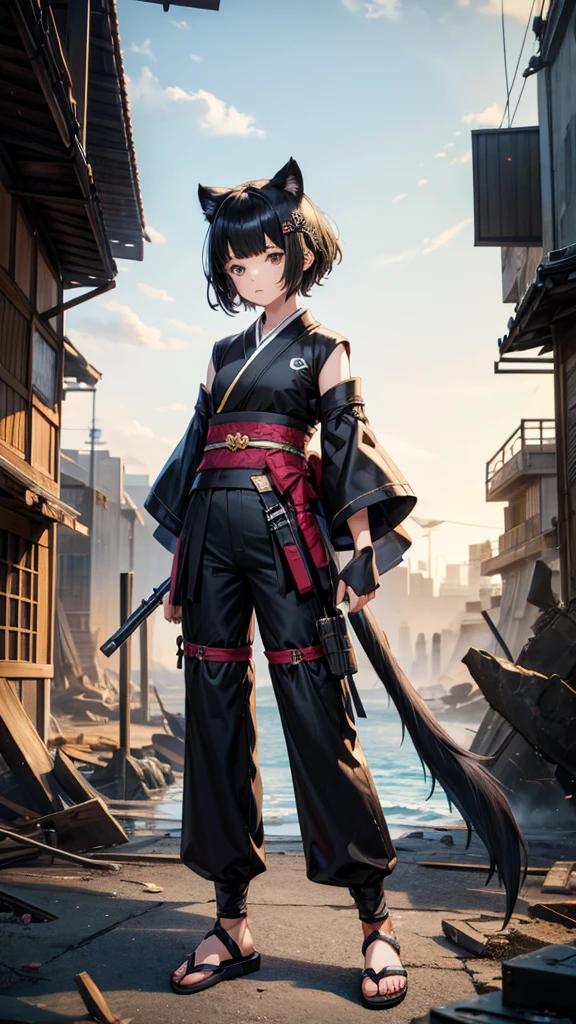Black short-haired girl with doll head and flat chest,Black panther ears,Black Panther Tail,Kimono with short sleeves,Hand guard,long pants,black socks,Straw sandals,Standing,ruined city