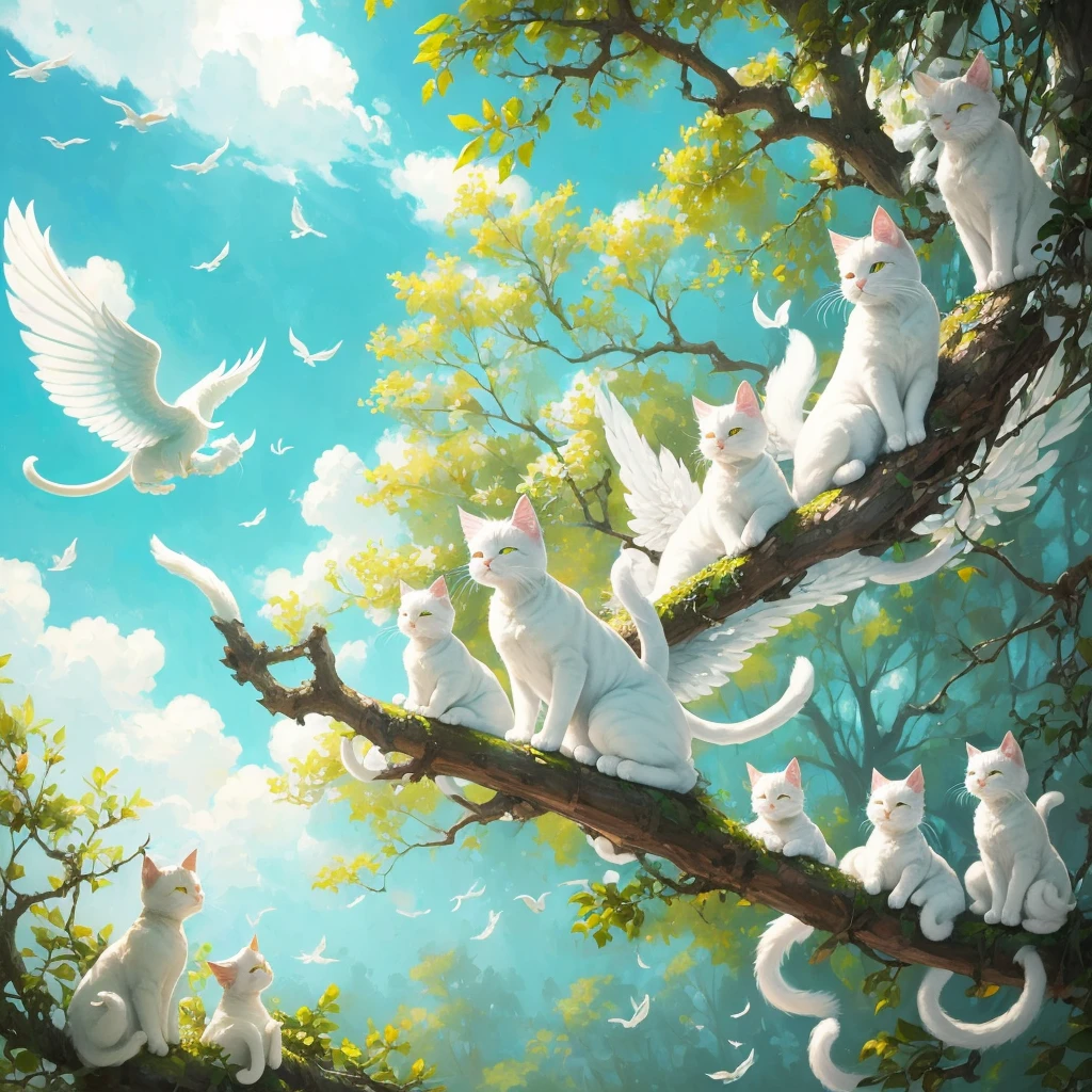 painting of a white cat with wings sitting on a tree branch, by Gao Fenghan, by Cynthia Sheppard, by Sheng Mao, heather theurer, by Ji Sheng, by Chen Lin, beeple and jeremiah ketner, by Wen Zhenheng, by Caroline Chariot-Dayez, by Min Zhen, by Kinuko Y. Craft