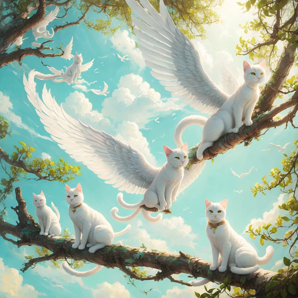 painting of a white cat with wings sitting on a tree branch, by Gao Fenghan, by Cynthia Sheppard, by Sheng Mao, heather theurer, by Ji Sheng, by Chen Lin, beeple and jeremiah ketner, by Wen Zhenheng, by Caroline Chariot-Dayez, by Min Zhen, by Kinuko Y. Craft
