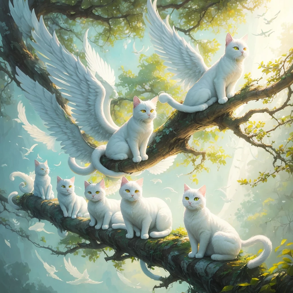 painting of a white cat with wings sitting on a tree branch, by Gao Fenghan, by Cynthia Sheppard, by Sheng Mao, heather theurer, by Ji Sheng, by Chen Lin, beeple and jeremiah ketner, by Wen Zhenheng, by Caroline Chariot-Dayez, by Min Zhen, by Kinuko Y. Craft