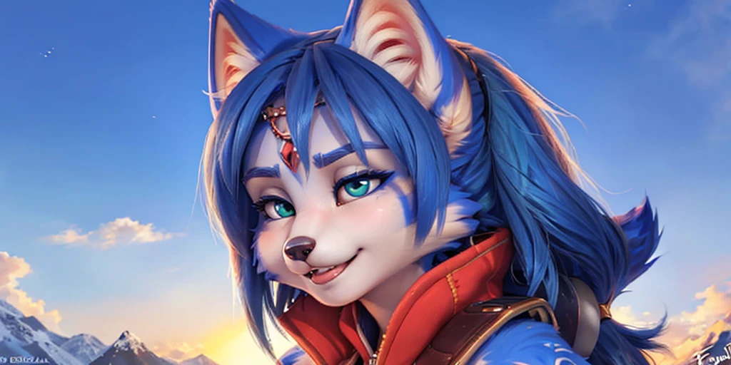 A beautiful and detailed (sweet portrait) wa ((Krystal)), Star Fox Krystal, sslim, lovable, green eyes, medium breasts, (((Long blue hair 1.3))), Decollete, grin, look up,, anthro, furry, Uploaded E621, detailed fluffy fur, (wa Fluff-Kevlar, Bayard Wu, Personalami, Pino Daeni), detailed face, (fluffy), 1 girl, alone, sweet girl,