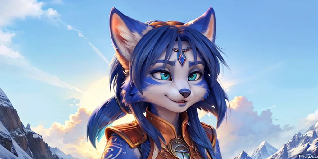 A beautiful and detailed (sweet portrait) wa ((Krystal)), Star Fox Krystal, sslim, lovable, green eyes, medium breasts, (((Long blue hair 1.3))), Decollete, grin, look up,, anthro, furry, Uploaded E621, detailed fluffy fur, (wa Fluff-Kevlar, Bayard Wu, Personalami, Pino Daeni), detailed face, (fluffy), 1 girl, alone, sweet girl, 
