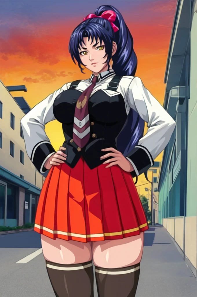 (high quality:1.2), intricate detailed, digital art,
KozonoNami, 1girl,  solo, standing, hands on hips,  cowboy shot,
looking at viewer, 
yellow eyes, long hair, black hair, ponytail, hair bow,
(school uniform:1.2), white shirt, vest, suspenders, miniskirt, red necktie, black thighhighs, zettai ryouiki, 
curvy, large breasts,
outside, street, city, sky, sunrise, 
