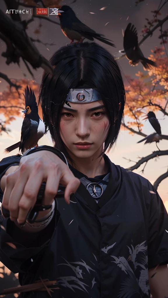 Man character a bird in the background, itachi uchiha, itachi, artwork in the style of guweiz, badass 8 k, alena aenami and artgerm, sasuke uchiha, itatchi uchiha, artgerm and atey ghailan,