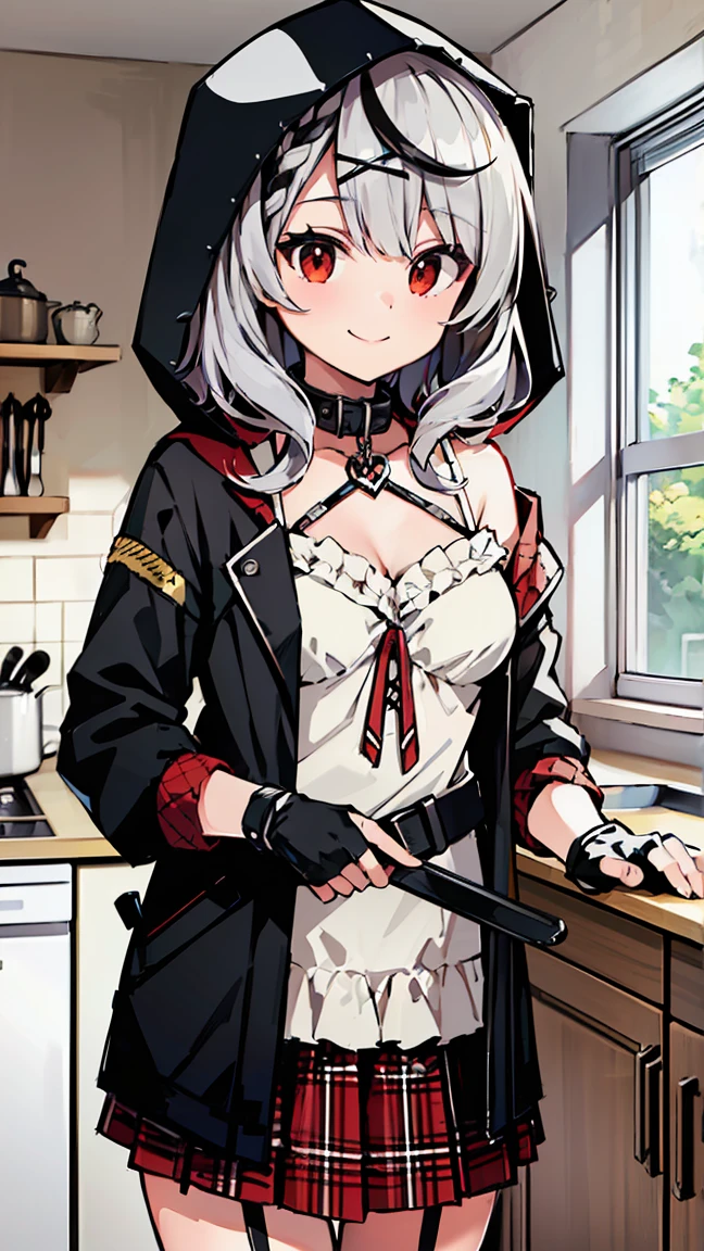 ((masterpiece, Highest quality, High resolution)), Depth of written boundary,
break, One girl, standing behind the kitchen, ((cooking)), smile,
break, (indoor, kitchen),
break, (It should be Chloe, Garter Straps, Fingerless gloves, Torn knee socks, Grey Hair, Multicolored Hair, Checked skirt, chestの谷間, X Hair Ornament, Red Skirt, Black collar, White camisole, chest, Braiding, Black belt, Medium Hair, Black jacket, Wearing a hood, Plaid ribbon), ((Red eyes)), ((Beautiful attention to detail))