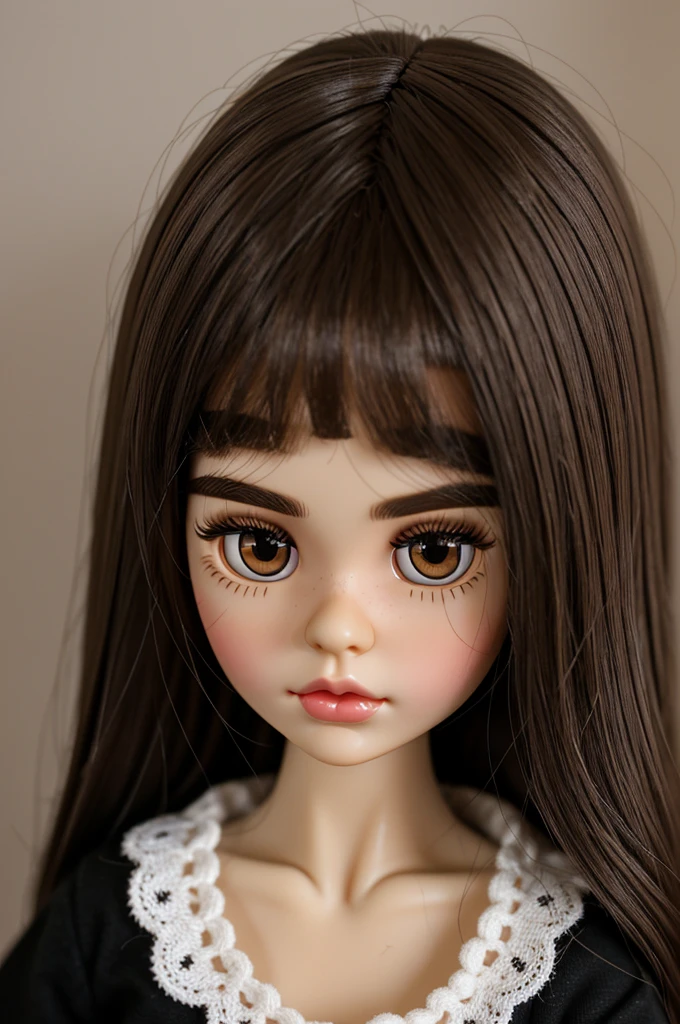 Blythe doll Black hair with light brown highlights, no bangs, light brown eyes, long black eyelashes at the bottom and top, medium skin-colored lips and a small mole on the surface of the lip, thick black eyebrows, rosy cheeks