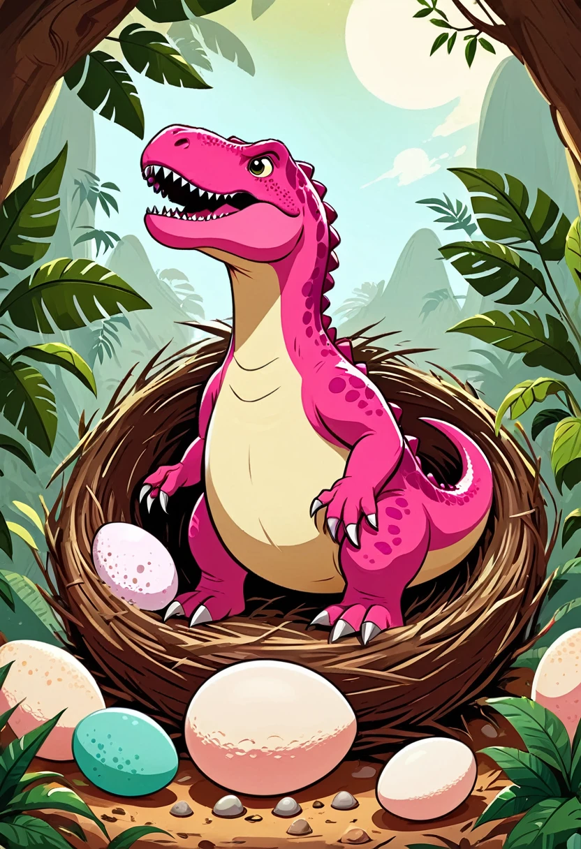Interesting illustrations:Cute pink Tyrannosaurus Rex,Dinosaur eggs in the nest