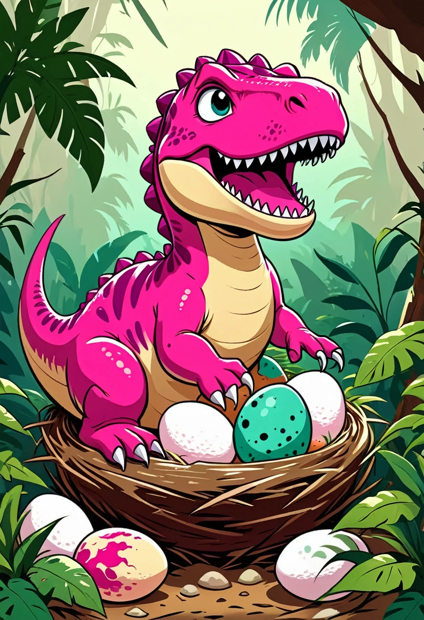 Interesting illustrations：Cute pink Tyrannosaurus Rex，Dinosaur eggs in the nest