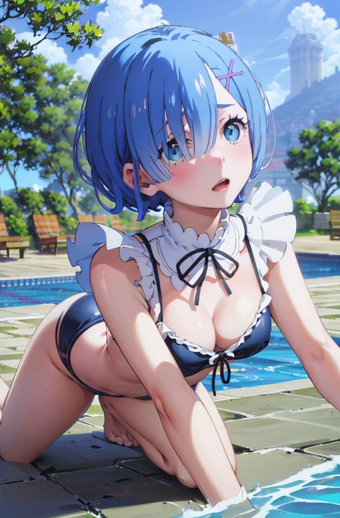 (Masterpiece: 1.6, Best Quality), (Fine Beautiful Eyes: 1.2), ph_rem, Remhd, 1girl, Blue hair, Solo, Blue eyes, Maid, Sea, Bay, Daylight, Tree, Wave, Raise Your Arms, Micro Bikini, Swimsuit