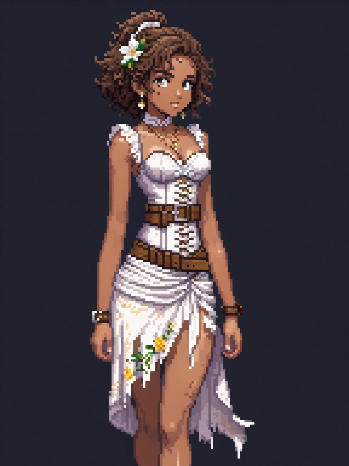 (Pixel art: 1.2), 1 young woman, 23 years old, dark skin, with medium dark brown curly hair held back by a cloth, wearing a tattered white dress with floral details, a light brown leather corset belt, a sheath for potions, small gold earrings, a stone necklace, with scars on her thighs and back, bandages on her left hand, clothes covering her legs, brown sandals, front view, visible lips and nose, Black background, strong physique, neutral expression.