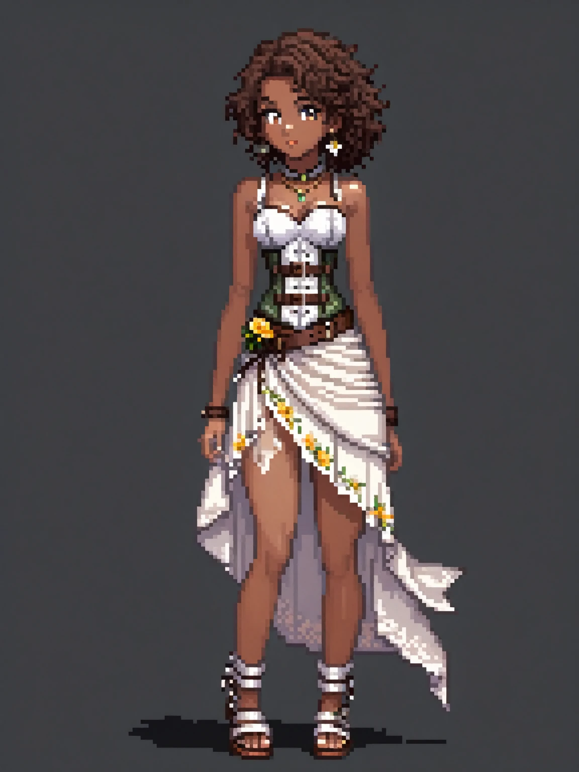 (Pixel art: 1.2), 1 young woman, 23 years old, dark skin, with medium dark brown curly hair held back by a cloth, wearing a tattered white dress with floral details, a light brown leather corset belt, a sheath for potions, small gold earrings, a stone necklace, with scars on her thighs and back, bandages on her left hand, clothes covering her legs, brown sandals, front view, visible lips and nose, Black background, strong physique, neutral expression.