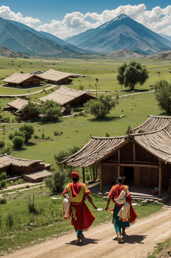 Ayacuchonos with typical costumes performing actions such as carrying the baby on their back, cooking among others who are nearby and behind them you can see a landscape of green mountains and a mat house in an animated drawing