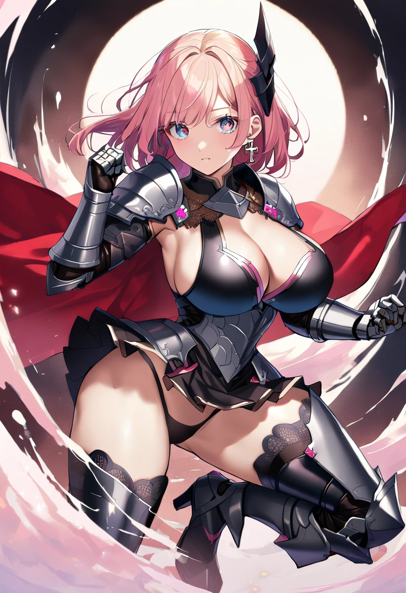 NSFW,{1girl,citrinne \(fire emblem\),fire emblem),fire emblem},Blonde,Red Eyes,short hair,aged up, Super detailed, masterpiece, absurdes, high resolution, very aesthetic, (アニメ, masterpiece, complexity: 1.3),(Top Quality, High Texture, (4K), (Incredible Detail: 1.4), Full Body, Shiny Skin, bangs, Cool Face, (Perfect Eyes), (Detailed Eyes), (Shining Eyes), Beautiful Eyes, Bright Eyes, Cross Earrings, black revealing knights armor, pink Carving, red Cape Fluttering in the Wind, Highly Detailed Armor, Beautifully Made Armor, Gauntlets, , black Mini Skirt with pink Decoration, zettai ryouiki, Big Breasts, Deep Cleavage, Side Boob, Windblown Hair,Fluffy Waist, Thighs, High Leg panties, Knee High Socks, Armored Boots, High Heels, Dynamic Pose,black panties,
