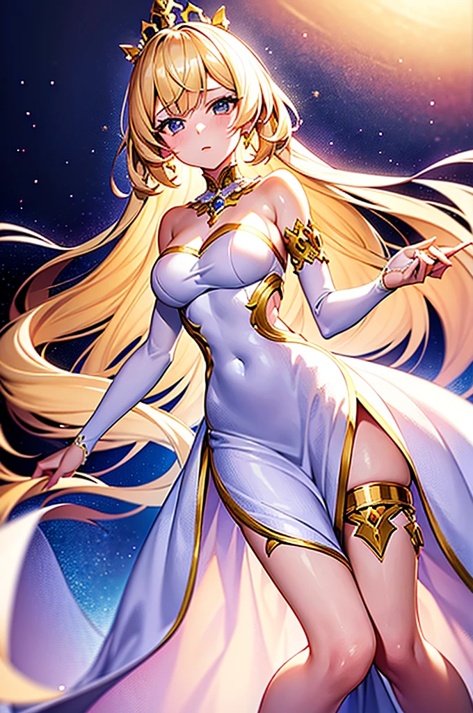 Content:
An anime princess with blonde hair, wearing a white dress with a gold crown. She exudes elegance and regality, embodying the essence of a beautiful fantasy princess.
Medium:
Digital art, anime illustration.
Style:
Inspired by beautiful anime, ethereal fantasy themes, and lovely languid aesthetics. Incorporates elements of classic anime princess designs and the grace of a beautiful anime woman.
Lighting:
Soft, glowing lighting that creates an ethereal and dreamlike atmosphere. Subtle highlights to emphasize her delicate features and the intricate details of her attire.
Colours:
A palette dominated by whites, golds, and soft pastels to highlight her purity and royal status. The background features the inside of a royal castle.
Composition:
A full-body shot, capturing her in a graceful and poised stance. The gold crown is prominent, adding to her regal appearance. Her dress should be covering most of her body, revealing little to no skin.