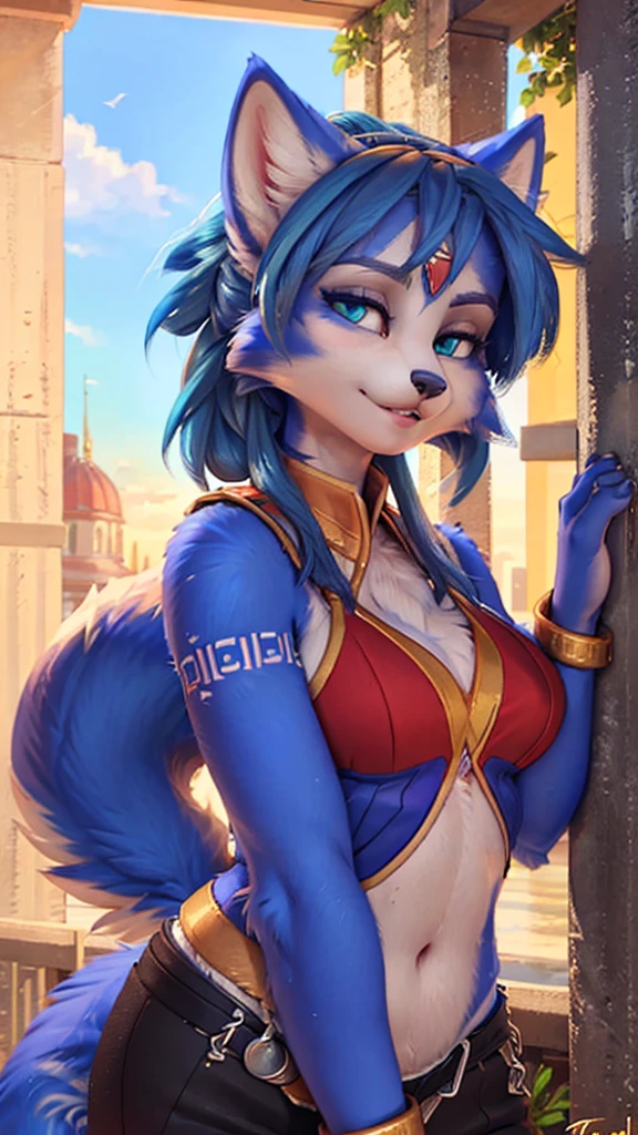 A beautiful and detailed (sweet portrait) wa ((Krystal)), Star Fox Krystal, sslim, lovable, green eyes, medium breasts, (((Long blue hair 1.3))), Decollete, anthro, furry, Uploaded E621, detailed fluffy fur, (wa Fluff-Kevlar, Bayard Wu, Personalami, Pino Daeni), detailed face, (fluffy), 1 girl, alone, sweet girl, 
