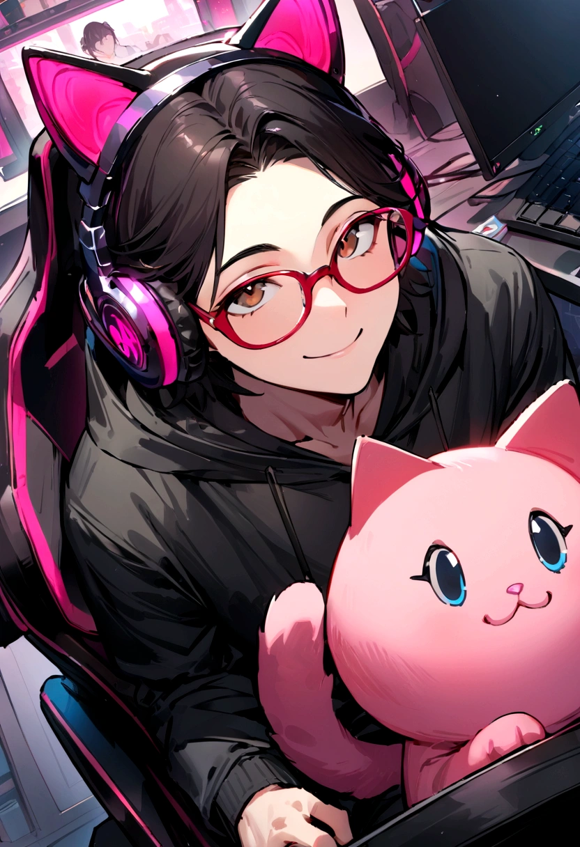 ((best quality)), ((masterpiece)), (detailed), a young man. Male sitting in a gaming chair in front of a pc. Has black hair and brown eyes. Wearing glasses. Smiling. Looking up. Wearing pink cat ear headphones. Has a gaming bedroom in the background