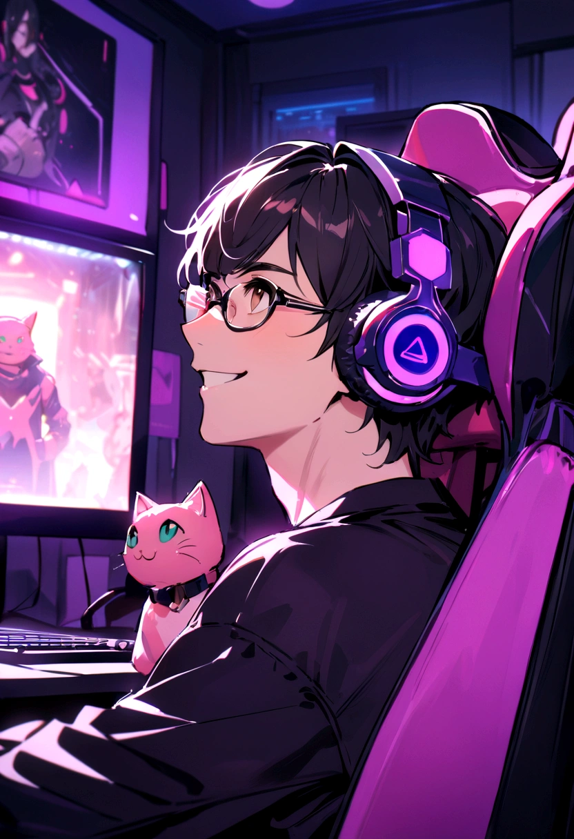 ((best quality)), ((masterpiece)), (detailed), a young man. Male sitting in a gaming chair in front of a pc. Has black hair and brown eyes. Wearing glasses. Smiling. Looking up. Wearing pink cat ear headphones. Has a gaming bedroom in the background