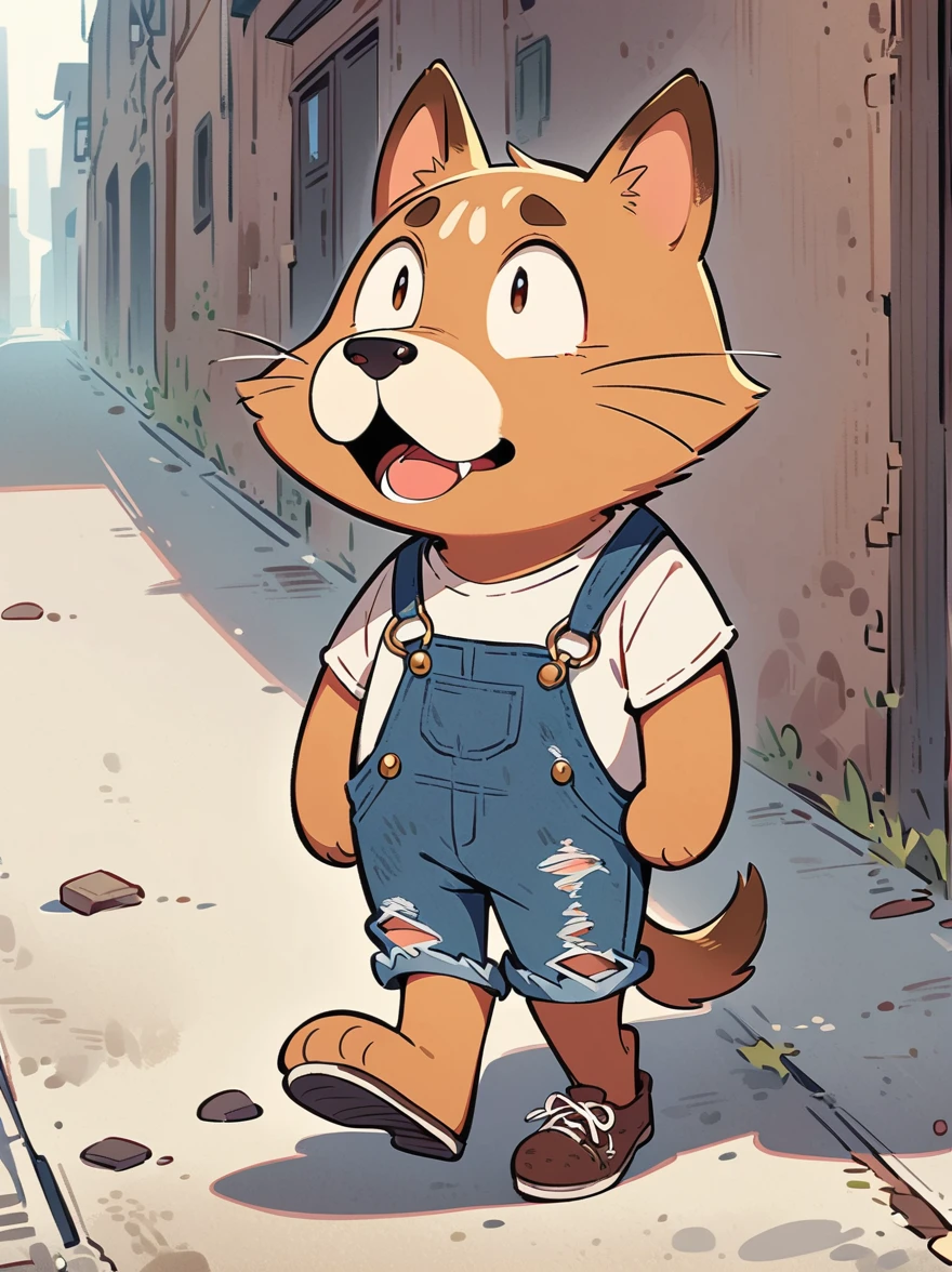 Cartoon illustration,simple,Depicts an anthropomorphic dog,Brown fur,Dog ears,cute,Dull eyes,listless,Exaggerated expression,White T-shirt,Shabby sneakers,Walk on empty streets,Correct human anatomy