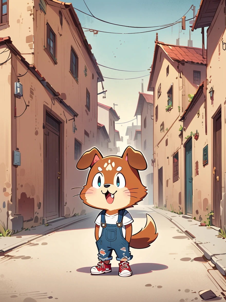 Cartoon illustration，simple，Depicts an anthropomorphic dog，Brown fur，Dog ears，cute，Dull eyes，listless，Exaggerated expression，White T-shirt，Shabby sneakers，Walk on empty streets，Correct human anatomy