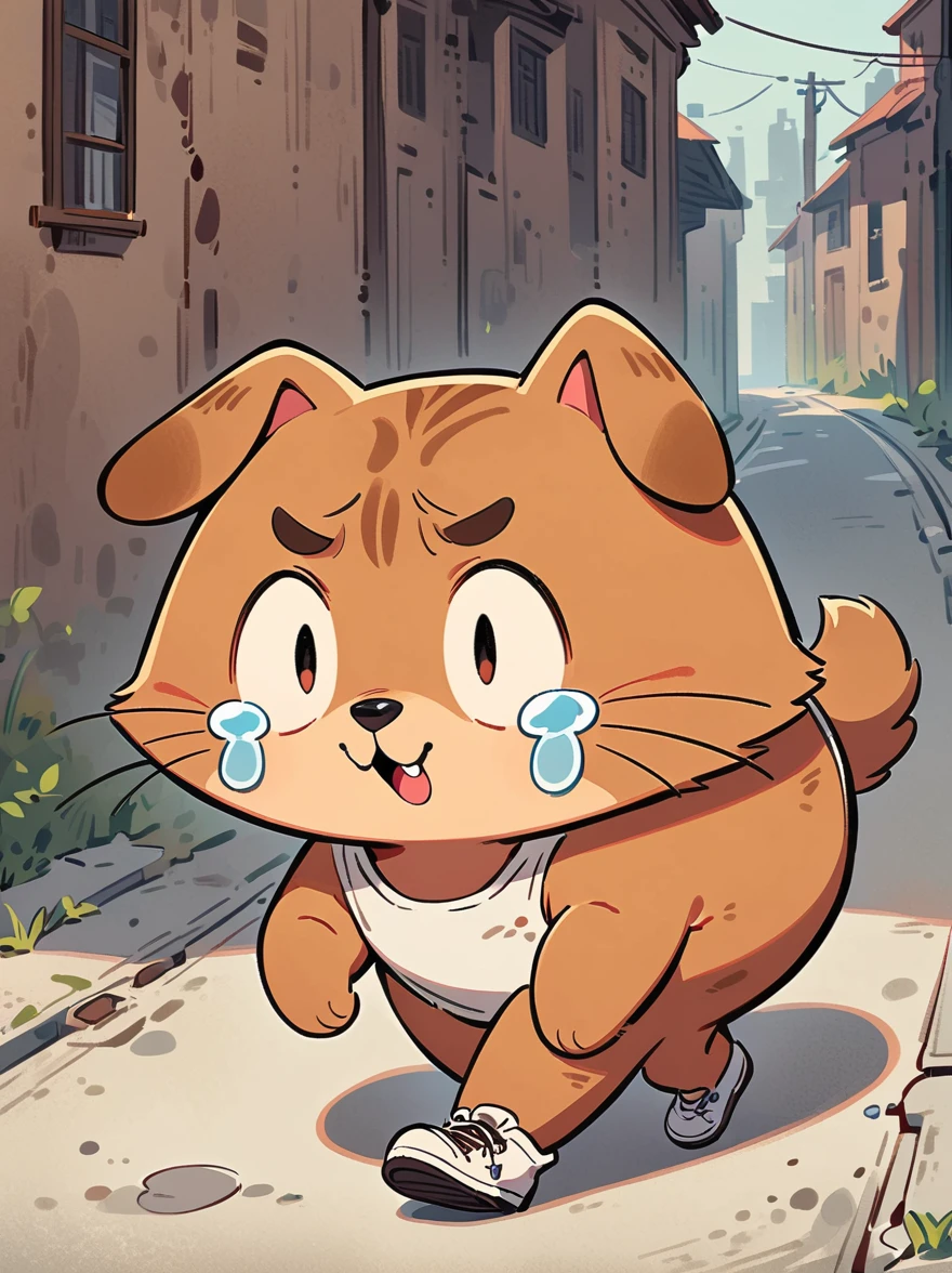 Cartoon illustration,simple,Depicts an anthropomorphic dog,Brown fur,Dog ears,cute,Dull eyes,listless,Exaggerated expression,White T-shirt,Shabby sneakers,Walk on empty streets,Correct human anatomy