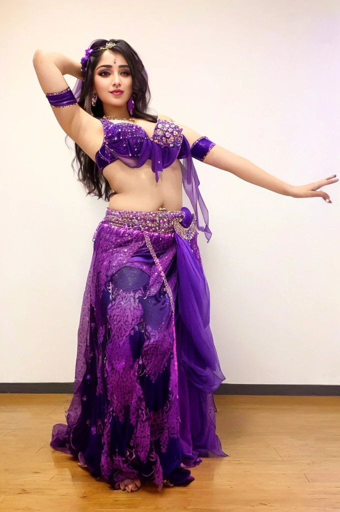 Arabian woman in purple and purple outfit standing on wooden floor, Belly dance, Outfit with blue accents, beautiful costume, Beasts, She is dressed as a belly dancer, Black and purple outfit, gracefully Belly dance pose, Mr.々A pose, Bejeweled costumes, Full body wide shot, This habit, Arabian Princess, !!beautiful!!