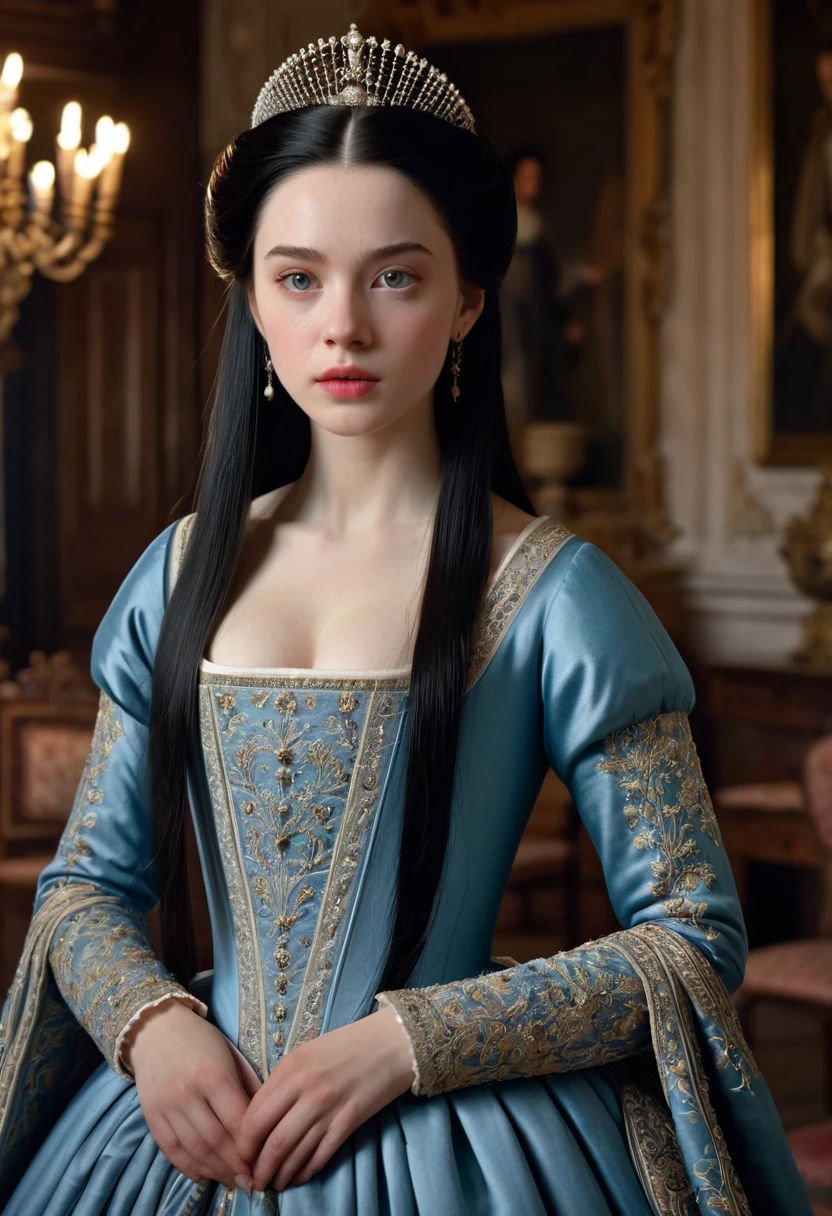 a beautiful princess with long straight black hair, pale skin, and a cold expression, wearing an elegant 17th century dress, standing in a meticulously detailed period interior, cinematic lighting, highly detailed, photorealistic, (best quality,4k,8k,highres,masterpiece:1.2),ultra-detailed,(realistic,photorealistic,photo-realistic:1.37),portrait,historical,drama