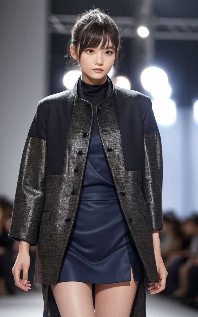 Smart Texture: Costumes made with smart materials。Fabrics that change texture and colour depending on temperature。Self-cleaning and humidity-regulating design。The background is the gorgeous runway of Paris Fashion Week。