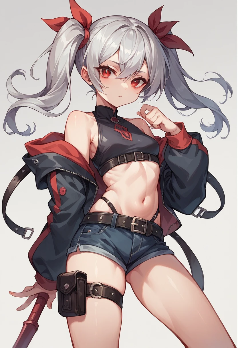 nsfw,1girl,solo,Small breasts,silver hair, red eyes,Twin tails,open legs wide,leg belt