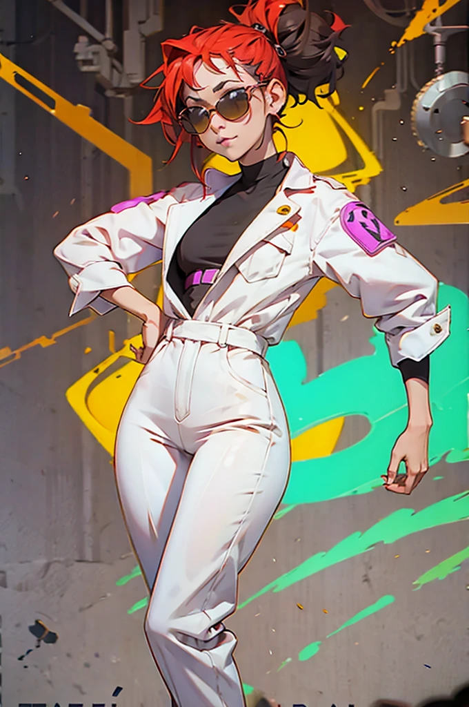 White workwear jumpsuit、A woman wearing a costume with glowing purple lines, cyber punk, Hard Rock Metal, Mosh Pit, (Highest quality,4K,8K,High resolution,masterpiece:1.2),Live Stage、Costume with glowing red lines、Large sunglasses,Punkish hairstyle、Full body portrait、dynamic dancing
