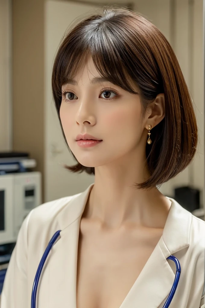 Hospital examination room, female doctor, ((full body)), ((photo)), ((best qualtiy, 8K, tmasterpiece: 1.3)), Focus: 1.2, perfect figure beautiful woman: 1.4, 1woman, cowboy shot, look at viewer, eyes facing the camera, incredibly absurd, beautiful and cute woman with a photorealistic face, showcasing top-quality craftsmanship, Japanese woman examining in a hospital examination room, 29 years old, hairstyle is a straight bob with long bangs, glossy black hair parted in the middle, thick and voluminous, elegant, fair and clear skin, large brown eyes, cool expression, long eyelashes, neat eyebrows, high nose, thin lips, natural complexion, fine skin, oval face, plump cheeks, long neck, small ears, beautiful nape, tall, slender, delicate, muscular and thin, slim frame, long and slender limbs, long fingers, large breasts of E cup, dressed as a doctor in a white coat, high heeled pumps, natural makeup, gold necklace, small earrings, watch on left arm, pretty older woman, beautiful, neat, cute voice, calm, gentle, responsible, professional, studious, kind, October