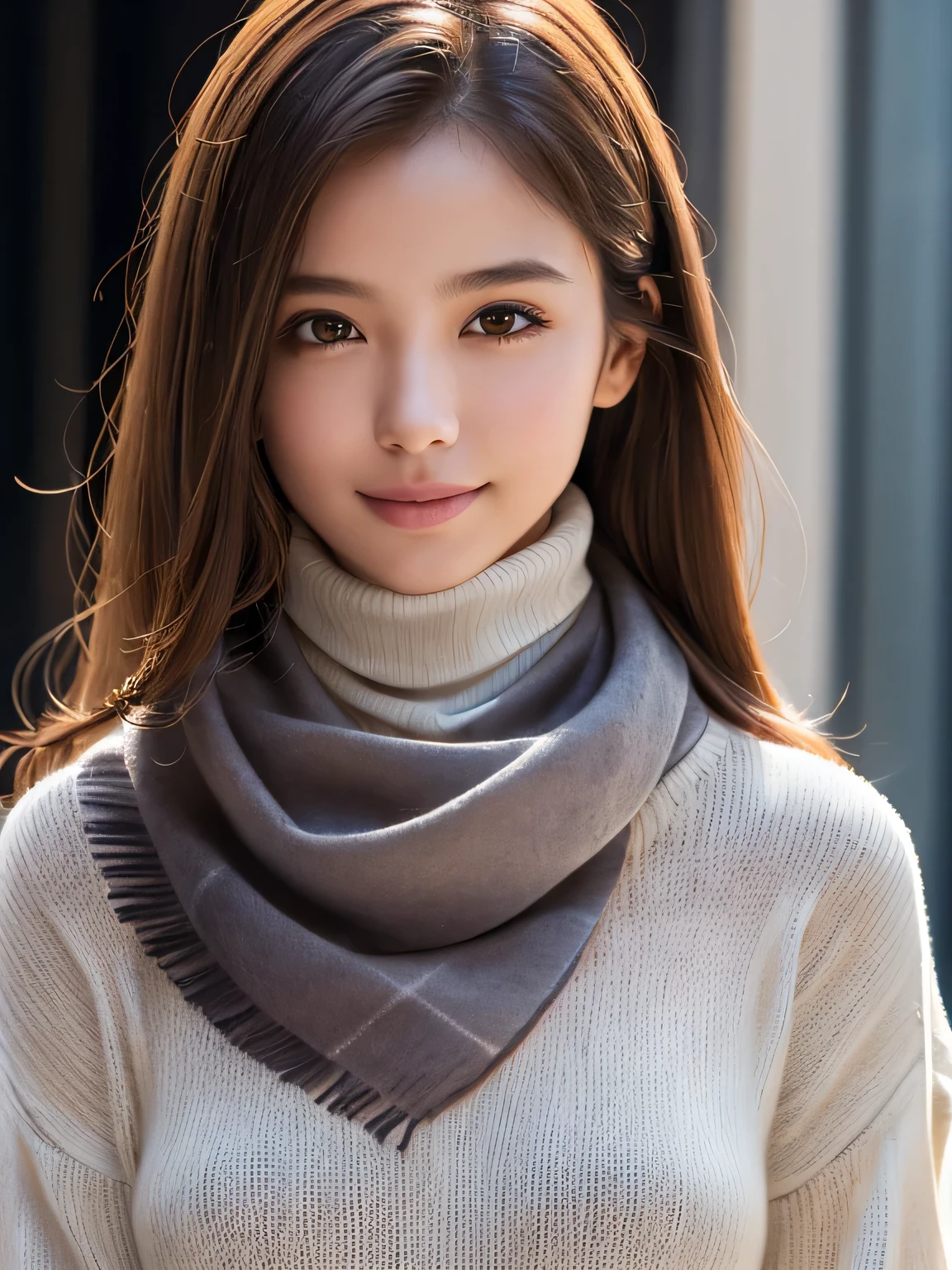 1 Girl,(scarf, Turtleneck sweater:1.4),(RAW Photos, Highest quality), (Realistic, Realistic:1.4), Very delicate and beautiful, Very detailed, 8k wallpaper, wonderful, finely, Very detailed CG Unity, High resolution, Soft Light, A beautiful and smart 19-year-old girl, Very detailed目と顔, Beautiful and sophisticated nose, finelyて美しい目,Cinema Lighting,Perfect Anatomy,Slender body,smile 
