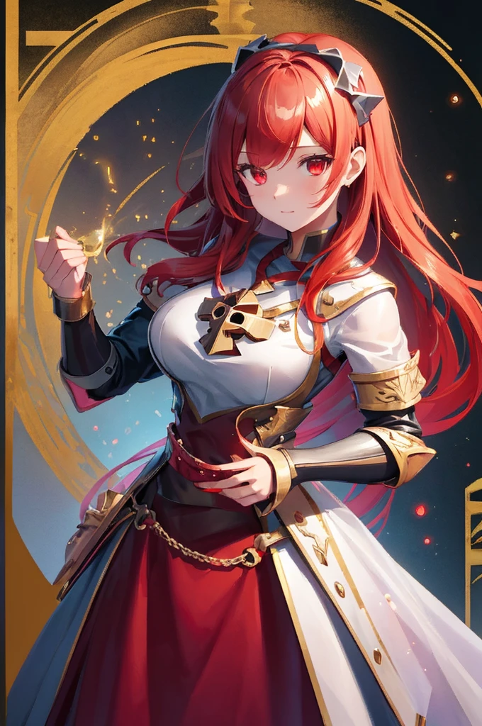 score_9, score_8_up, score_7_up, score_6_up, score_5_up, score_4_up, source_アニメ, tomboy girl, long hair, Bust Cup B , open-chest outfit, Guillotine Cross Set, breastplate, waist armor, Armor, red hair, metal hair accessories, red eyes, Sparkling eyes, Make Potions, ขายยา Potions, Right hand holds Potions , Potions glass bottle, skull shape, clear glass, crystal Potions, clear red, light particles, Magical light