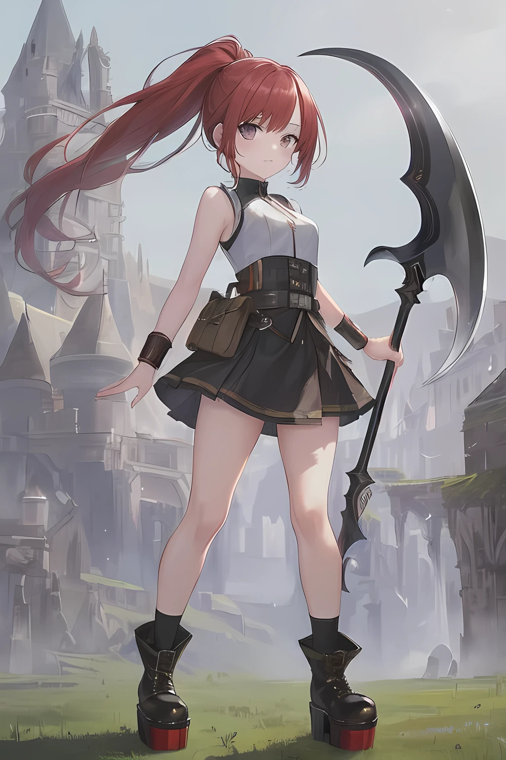 (master piece:1.3, best quality:1.3, ultra detailed:1.3), CG, 8k, illustration, curious face, kawaii, 1girl, solo, shiny hair, shiny skin, cherry red hair, short high ponytail, BREAK, charcoal gray eyes, BREAK, (Standing Upright), natural hand poses, (shoot from front:1.2), (looking at viewer:1.2 ), (full body:1.4), 1.5m talls, short height, (small breasts:1.4), (small ass:0.8), (athletic:0.8), (petite), BREAK, (military dress, sleeveless, skirt, wristband, platform ankle boots), BREAK, hold a goldr Scythe, (fantasy world:1.4), outdoors, Morning in the Meadow