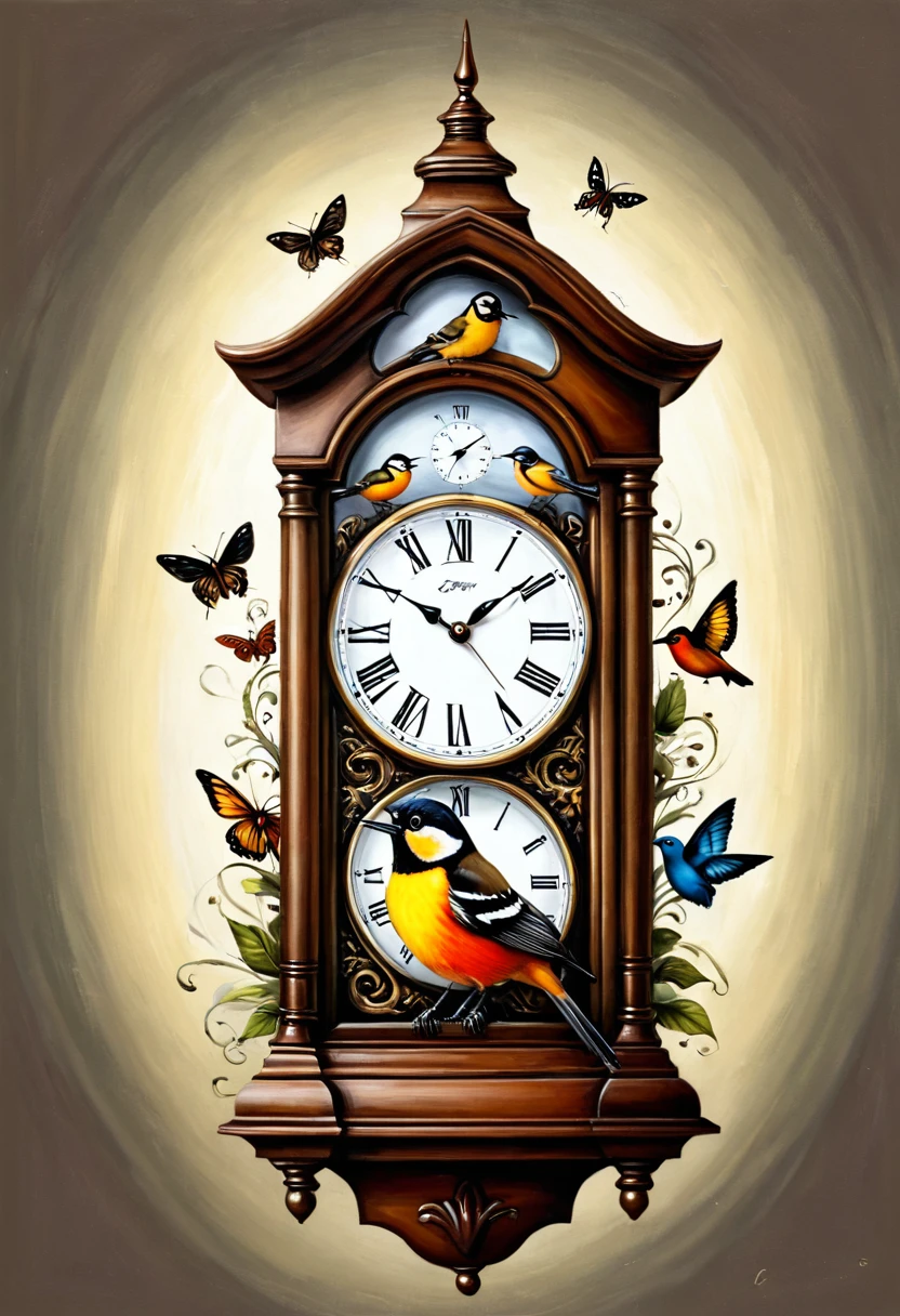 animals, birds and insect coming out of clocks in the style of painter Gregsinksart.