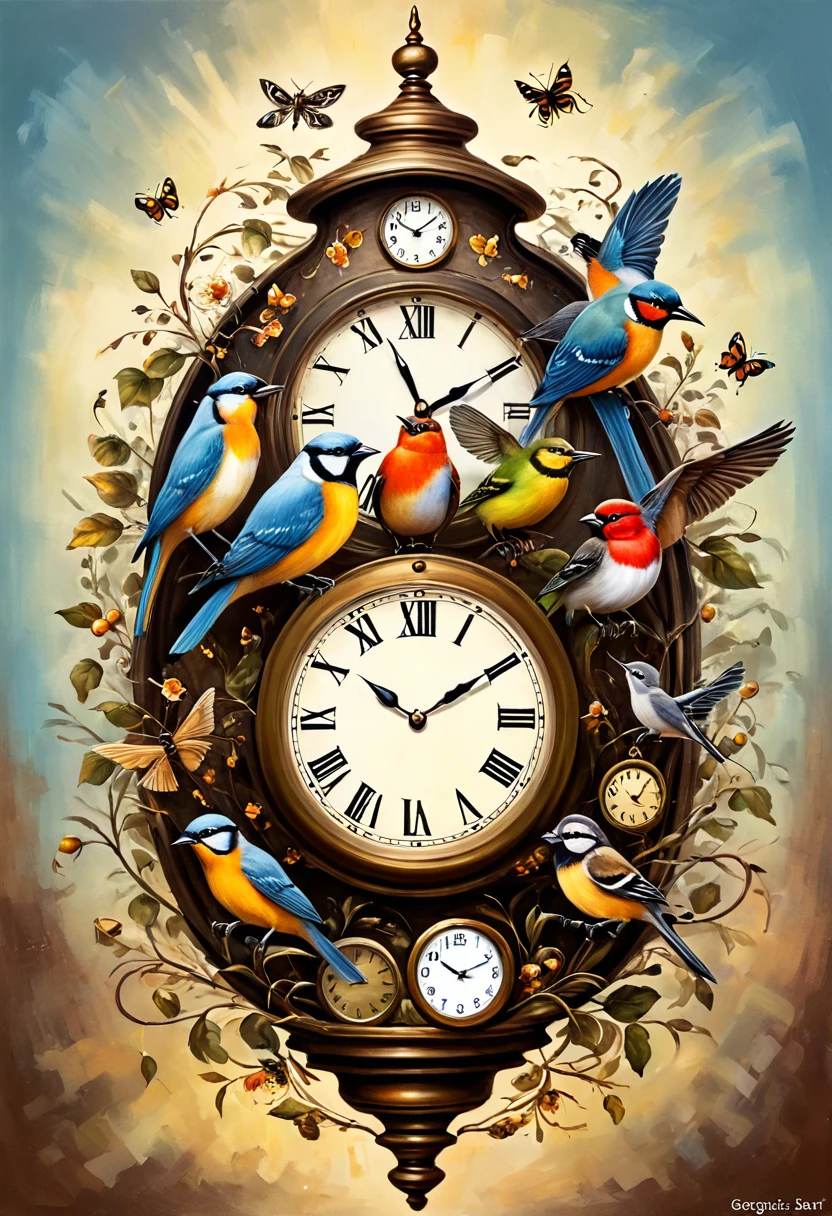 animals, birds and insect coming out of clocks in the style of painter Gregsinksart.