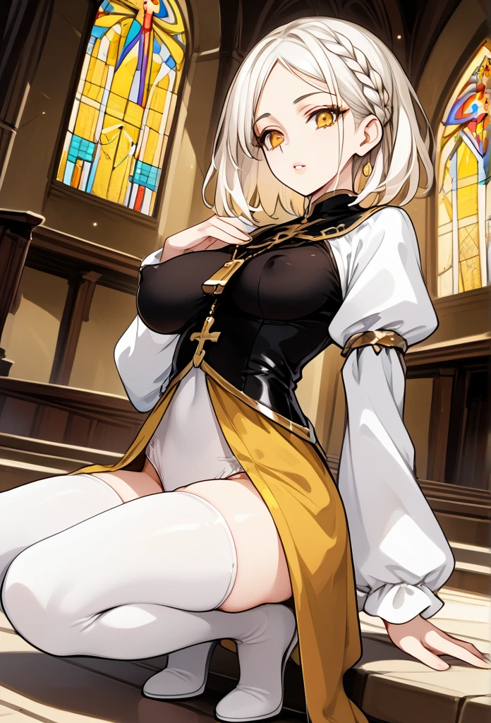 Mature woman, mature face, gentle face, glossy lips, golden eye color, golden eyes, gentle eyes, (braid hairstyle, bob hair, white hair, yellow gradient hair color, glossy hair), slender body, medium breast, thick thighs, saintess clothes, white clothes, white panties, (nipple through clothing), church, leaning back pose, crouching, view from above, side view