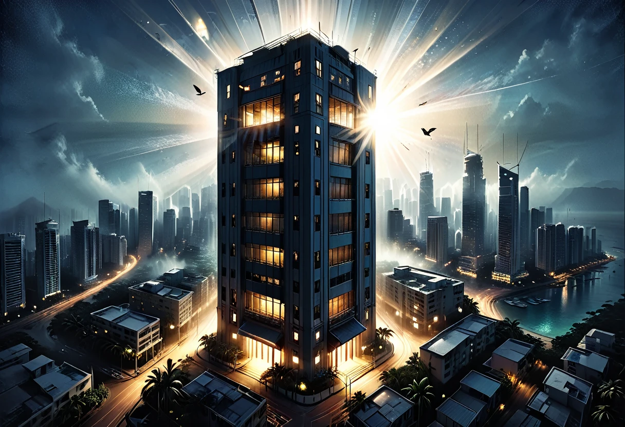 
(outside of a skyscraper),light beams should be clearly visible, highlighting the dusty air, night, dark, 
the light is only from a skyscraper, tropical, top view, palm, ((bird's-eye view)),
skyscraper, fog, tropical island, ((illuminated window with bright light streaming out)), casting rays that penetrate the darkness, graphic style of novel comics,  2d, 8k, hyperrealism, masterpiece, high resolution, best quality, ultra-detailed, super realistic, Hyperrealistic art, high-quality, ultra high res, highest detailed, lot of details, Extremely high-resolution details, incredibly lifelike, colourful, soft cinematic light,