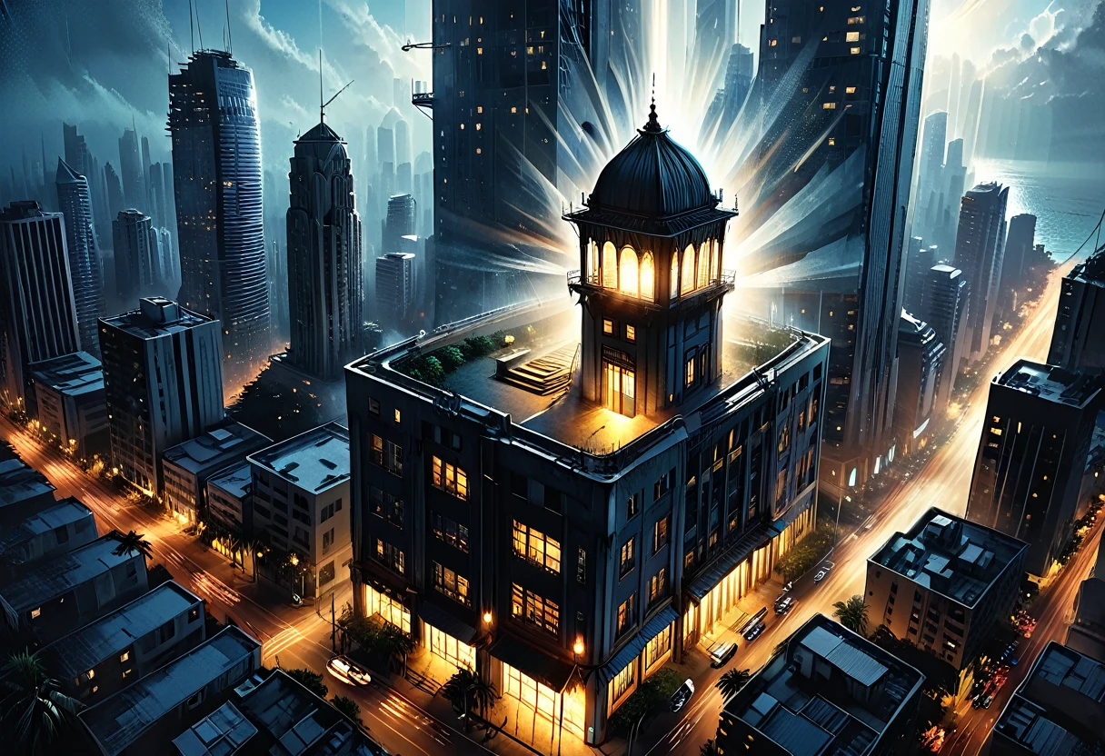 
(outside of a skyscraper),light beams should be clearly visible, highlighting the dusty air, night, dark, 
the light is only from a skyscraper, tropical, top view, palm, ((bird's-eye view)),
skyscraper, fog, tropical island, ((illuminated window with bright light streaming out)), casting rays that penetrate the darkness, graphic style of novel comics,  2d, 8k, hyperrealism, masterpiece, high resolution, best quality, ultra-detailed, super realistic, Hyperrealistic art, high-quality, ultra high res, highest detailed, lot of details, Extremely high-resolution details, incredibly lifelike, colourful, soft cinematic light,