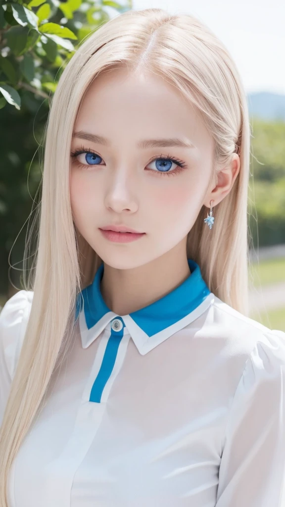 forehead、Big Breasts、Northern Europe、Russia、beautiful girl、Platinum Blonde Hair、Blouse with collar and sleeves、Straight long hair、Hitting the face and front of the eyes、Big blue eyes、Northern Europeの若者、Perfect body、White tendons、Glowing Skin、Young and beautiful skin、A perfect and beautiful little face、Bright makeup、Pale pink lips、Bright expression、、lipstick、Viewer's vision、Golden Hour Lighting、Bokeh Atmosphere Perspective、detailed、Movie Light、複雑なdetailed、High resolution、 フェイスデザインのdetailedな特徴、Attention to detail、Clear focus、Smoothnesasterpiece}}