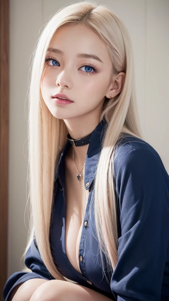 forehead、Big Breasts、Northern Europe、Russia、beautiful girl、Platinum Blonde Hair、Blouse with collar and sleeves、Straight long hair、Hitting the face and front of the eyes、Big blue eyes、Northern Europeの若者、Perfect body、White tendons、Glowing Skin、Young and beautiful skin、A perfect and beautiful little face、Bright makeup、Pale pink lips、Bright expression、16-year-old girl、lipstick、Viewer&#39;s vision、Golden Hour Lighting、Bokeh Atmosphere Perspective、detailed、Movie Light、複雑なdetailed、High resolution、 フェイスデザインのdetailedな特徴、Attention to detail、Clear focus、Smoothnesasterpiece}}