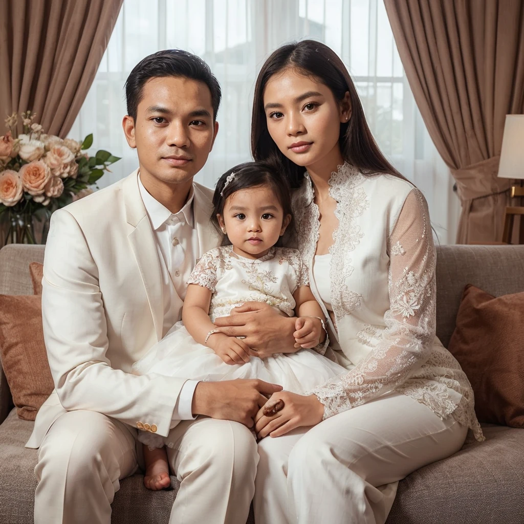 Indonesian family photo. The father is 30 years old, has a smooth face, the mother is 25 years old, has straight hair, they are holding a 1 year old baby girl on their lap. compactly wearing a white suit and elegant white kebaya, embracing each other, sitting on the sofa, aesthetic living room background, decorated with brown curtains and flowers, there are stairs, studio photo. Photography, ultra detailed, 8K