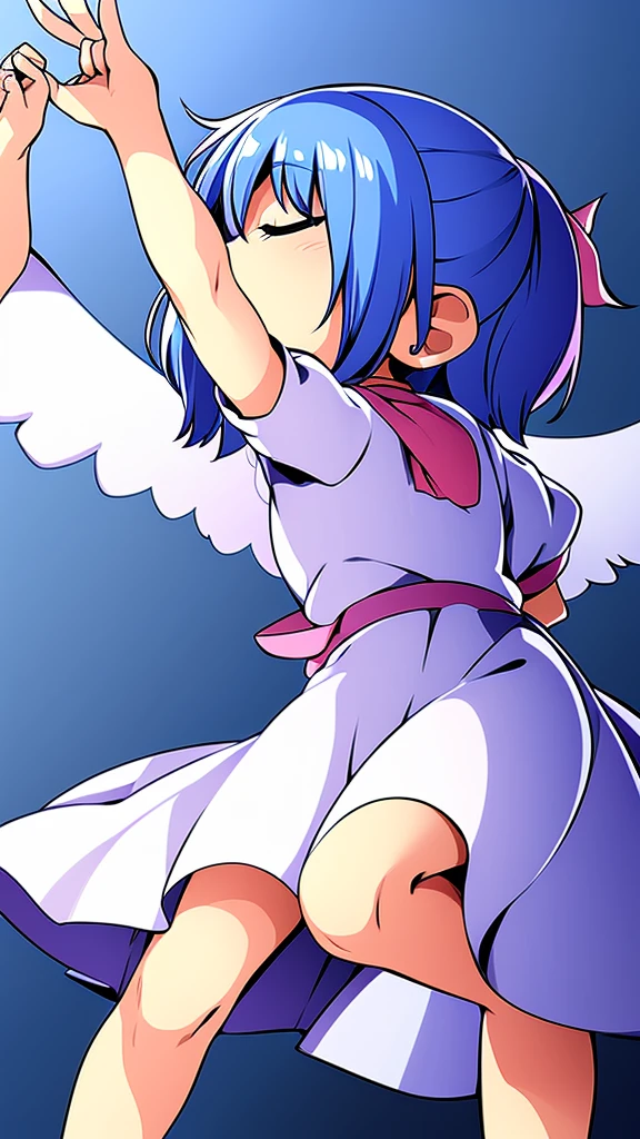 masterpiece, best quality, 1girl, , , 10 years old, medium blue hair, hair flaps, pink ribbon on head, well-formed face, blue eyes, angel girl, white blouse, puffy short sleeves, red ribbon, angel wings, long white skirt, red shoes, frills, ribbon head, from behind, to lift up one’s skirt, cowboy shot, from front, standing , raise one leg, crossed arms, arms up behind, arms behind back, hand between legs, put hands hip, one hand on hip, forward hands, arms raised in the air, punch hands, peace sign, waving, put up index finger, sit, lie down, closed eyes, lie face down, looking back, put one hand chest, leaning forward, cleavage, close up, horizontally outstretched arms, horizontally outstretched legs, front view, front face