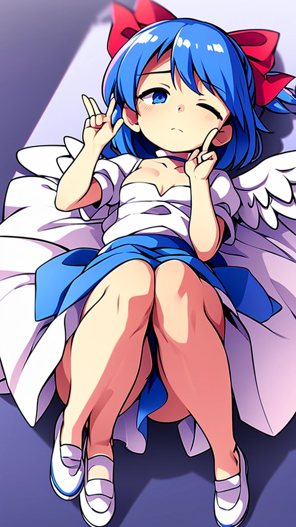 masterpiece, best quality, 1girl, , , 10 years old, medium blue hair, hair flaps, pink ribbon on head, well-formed face, blue eyes, angel girl, white blouse, puffy short sleeves, red ribbon, angel wings, long white skirt, red shoes, frills, ribbon head, from behind, to lift up one’s skirt, cowboy shot, from front, standing , raise one leg, crossed arms, arms up behind, arms behind back, hand between legs, put hands hip, one hand on hip, forward hands, arms raised in the air, punch hands, peace sign, waving, put up index finger, sit, lie down, closed eyes, lie face down, looking back, put one hand chest, leaning forward, cleavage, close up, horizontally outstretched arms, horizontally outstretched legs, front view, front face
